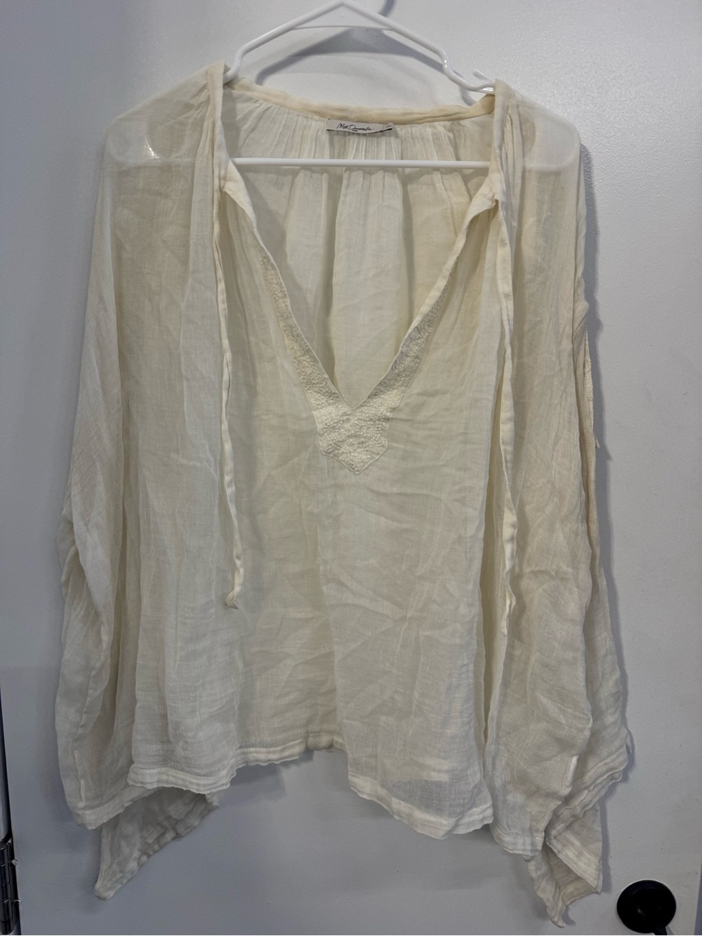 Mes Demoiselles Lightweight Cream French Peasant Blouse with V-Neck Tie One Size